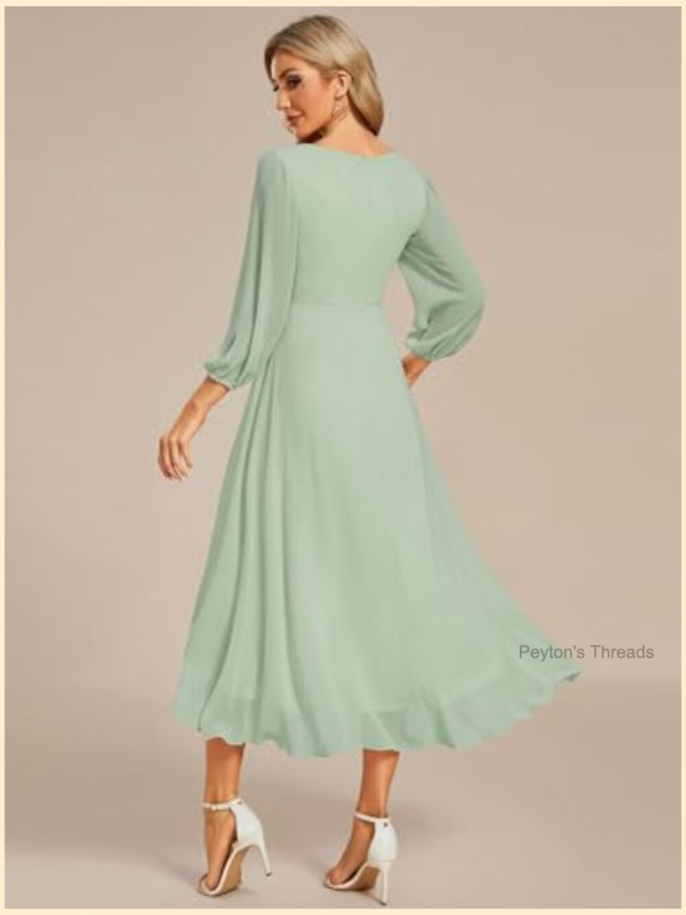 Chiffon V Neck Long Sleeve A-Line Midi Wedding Guest Dress Cocktail Party Formal - Picture 2 of 7